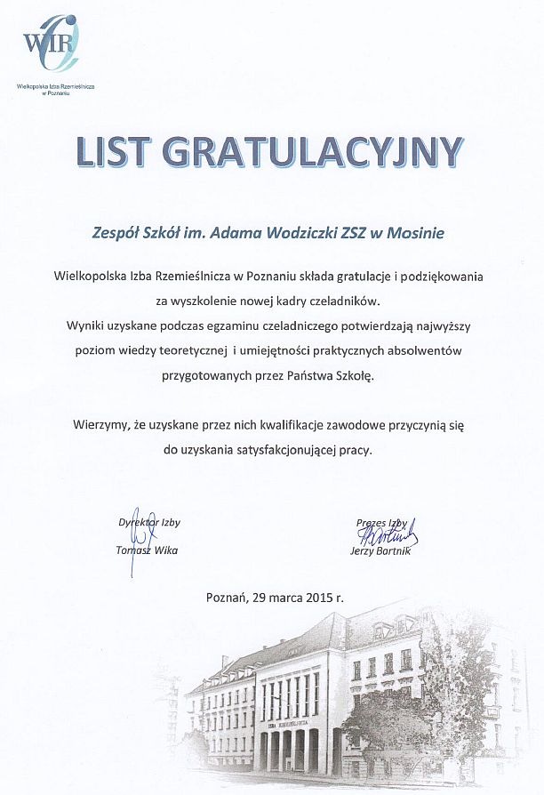 Iist Gratulacyjny dla Zespou Szk im. Adama Wodziczki w Mosinie